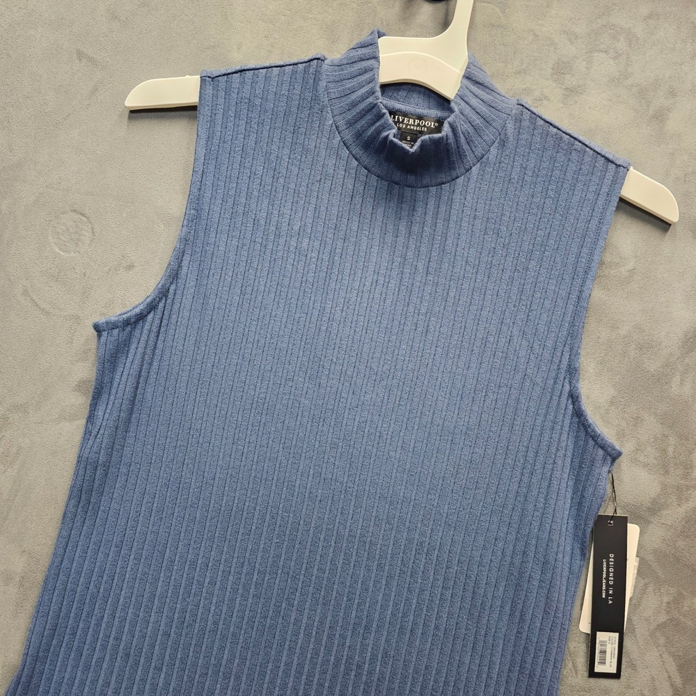 Liverpool Los Angeles Mock Neck Sleeveless Ribbed Chambray Blue Small LM8228K61